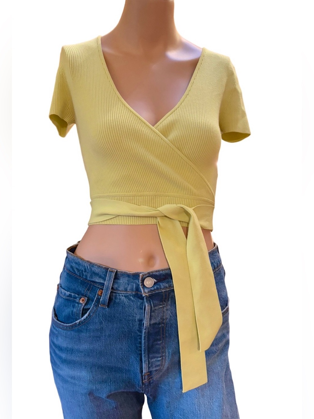 Aritzia Little Moon XS Chartreuse Rib Knit Wrap Crop Top Tie Waist